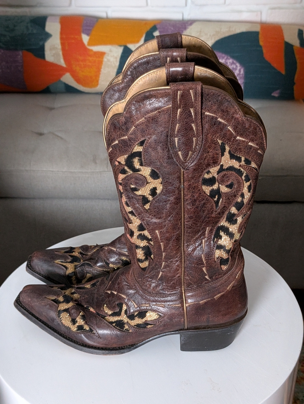 Shyanne Brown Leather Western Boots Leopard Inlay Made in Mexico Size 6 - Picture 4 of 8
